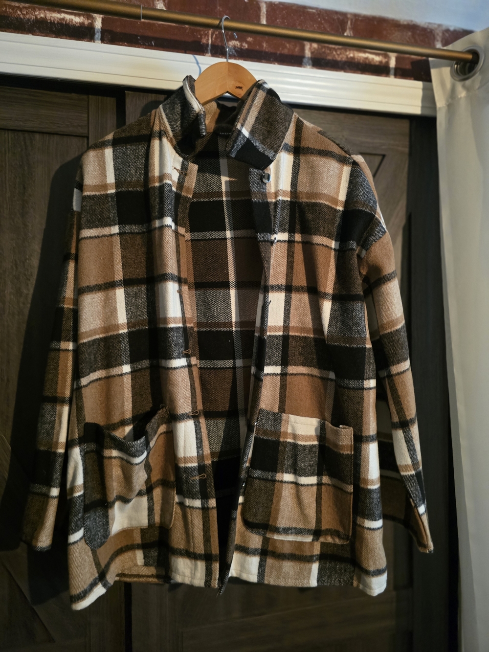 SHEIN Brown, Black & White Plaid Coat